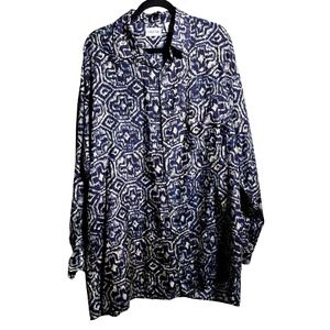 Vintage Cezar Blue Long Sleeve Silk Button Up Top Mens XXL Abstract Print Retro‎